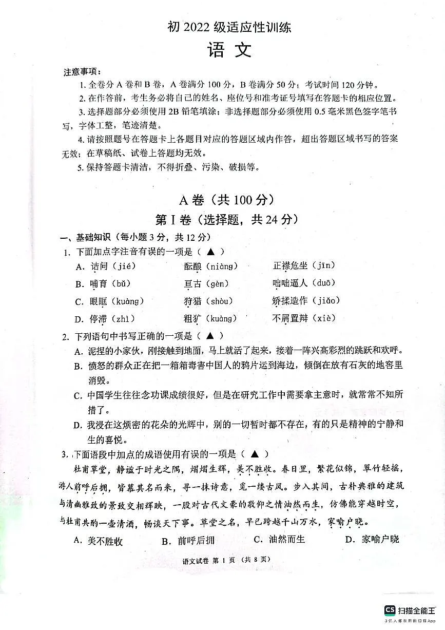 2025年四川省成都市崇州市中考一模语文试题第1页
