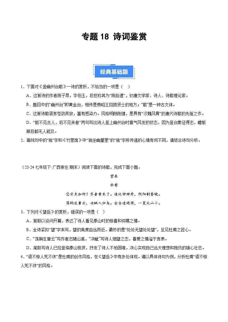 专题18 诗词鉴赏(原卷版)第1页