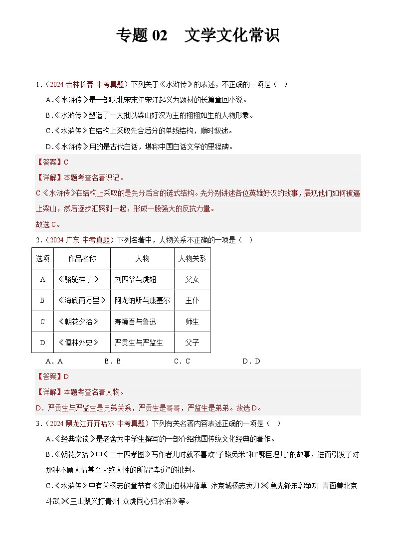 2024年中考语文真题分类汇编专题02 文学文化常识(第02期)(解析版)第1页