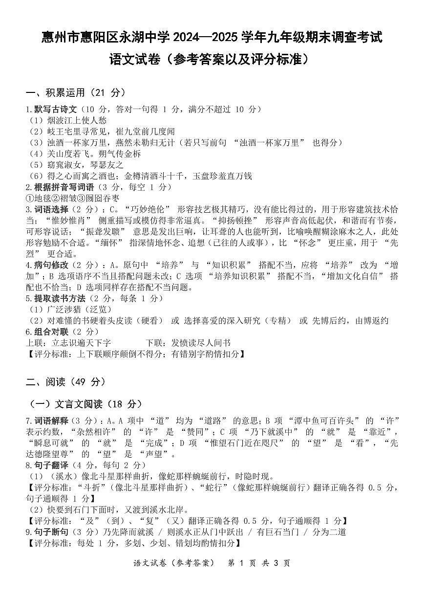 (答案)惠州市惠阳区永湖中学2024—2025学年九年级期末调查考试语文试卷第1页