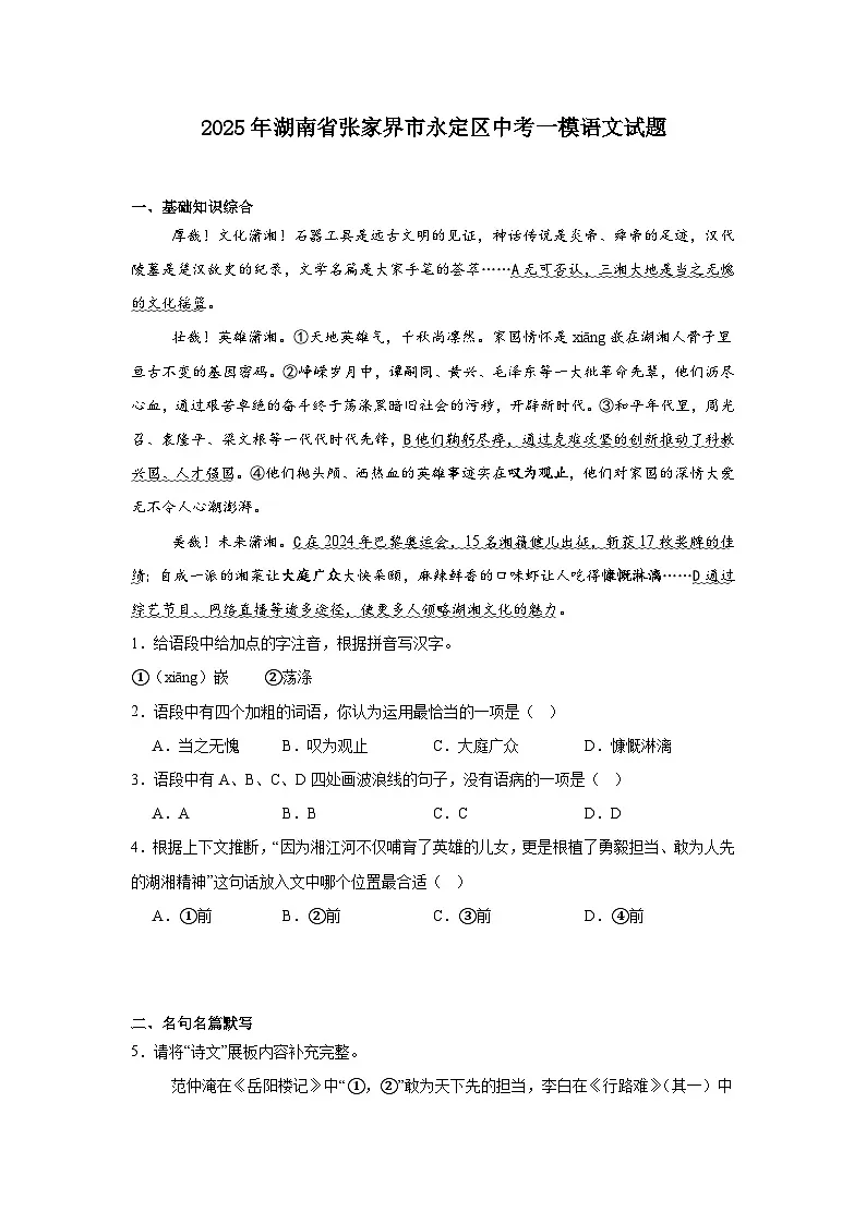 2025年湖南省张家界市永定区中考一模语文试题(含答案)第1页