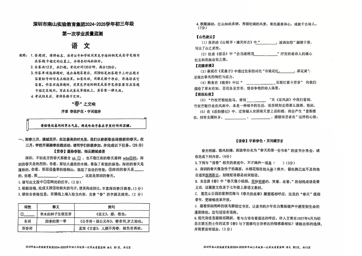 2025年广东省深圳市南山实验教育集团中考一模语文试卷第1页