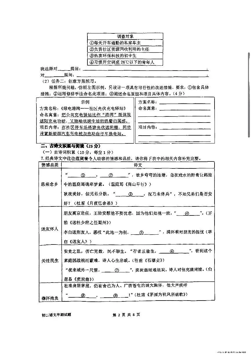 重庆实验外国语学校2024-2025学年初二下语文期中试题第2页