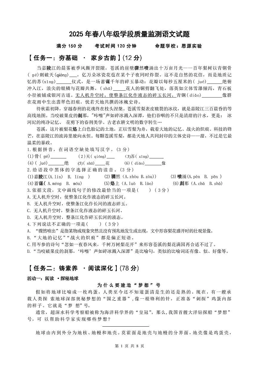 广元市苍溪县2024-2025学年八年级下学期期中考试语文试题第1页