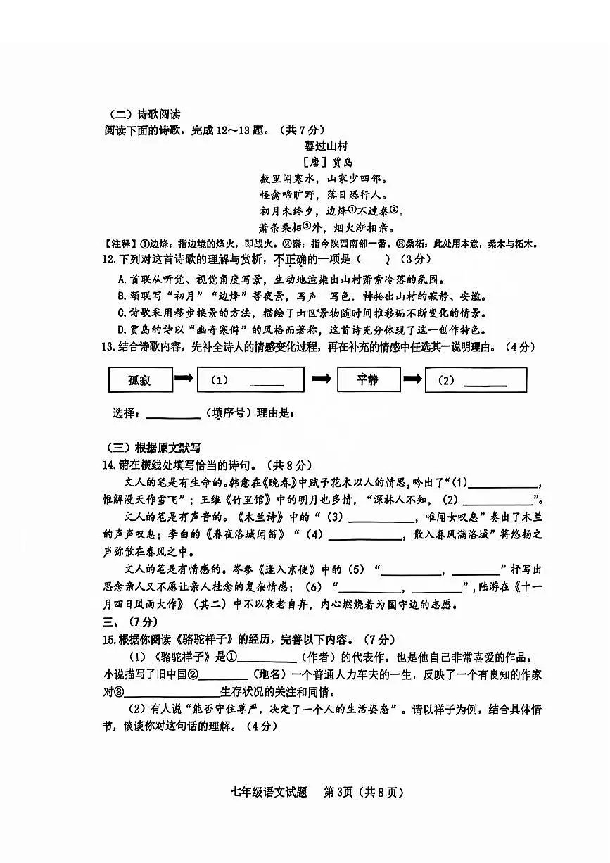 2025年济南市历城区七年级下学期期中语文试题(无答案)第3页