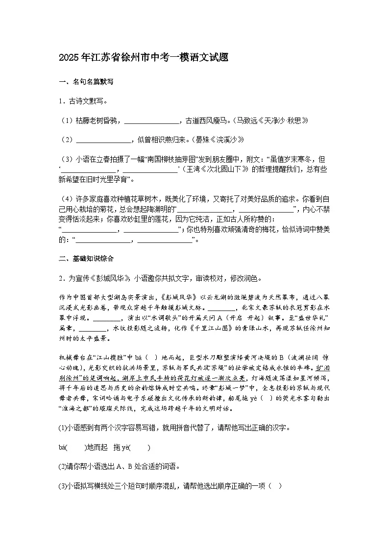 2025年江苏省徐州市中考一模语文试题(含答案)第1页