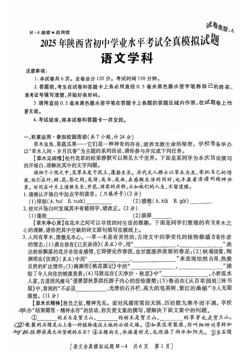 2025年陕西省西安市高新第三中学中考模拟语文试题第1页