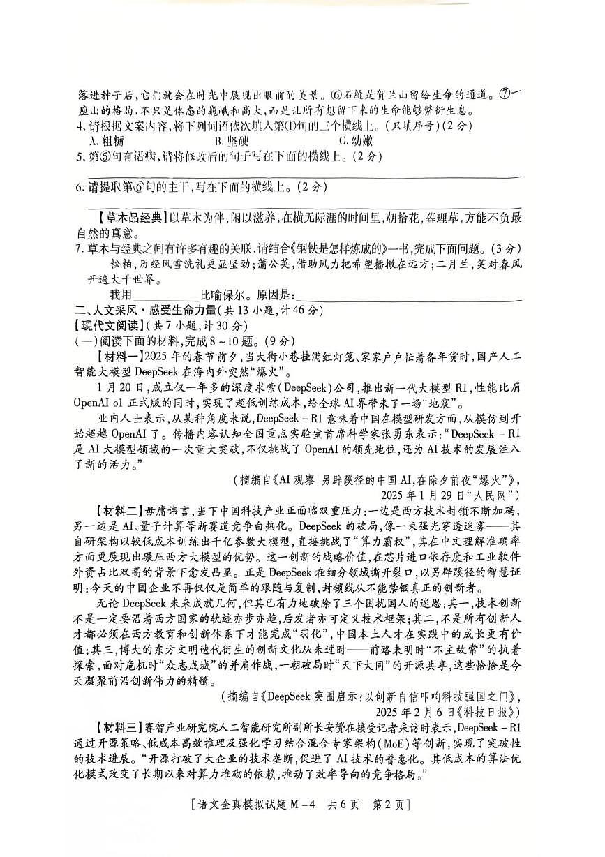 2025年陕西省西安市高新第三中学中考模拟语文试题第2页