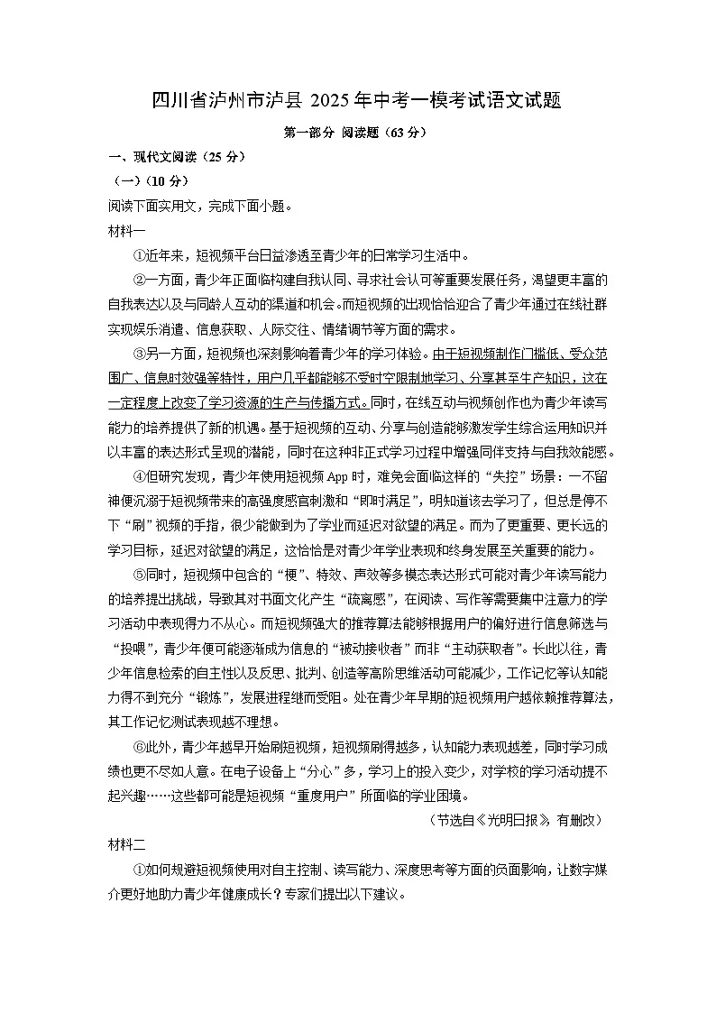 四川省泸州市泸县2025年中考一模考试语文试题(解析版)第1页