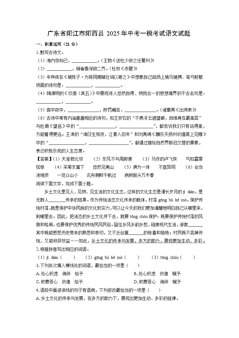 广东省阳江市阳西县2025年中考一模考试语文试题(解析版)第1页