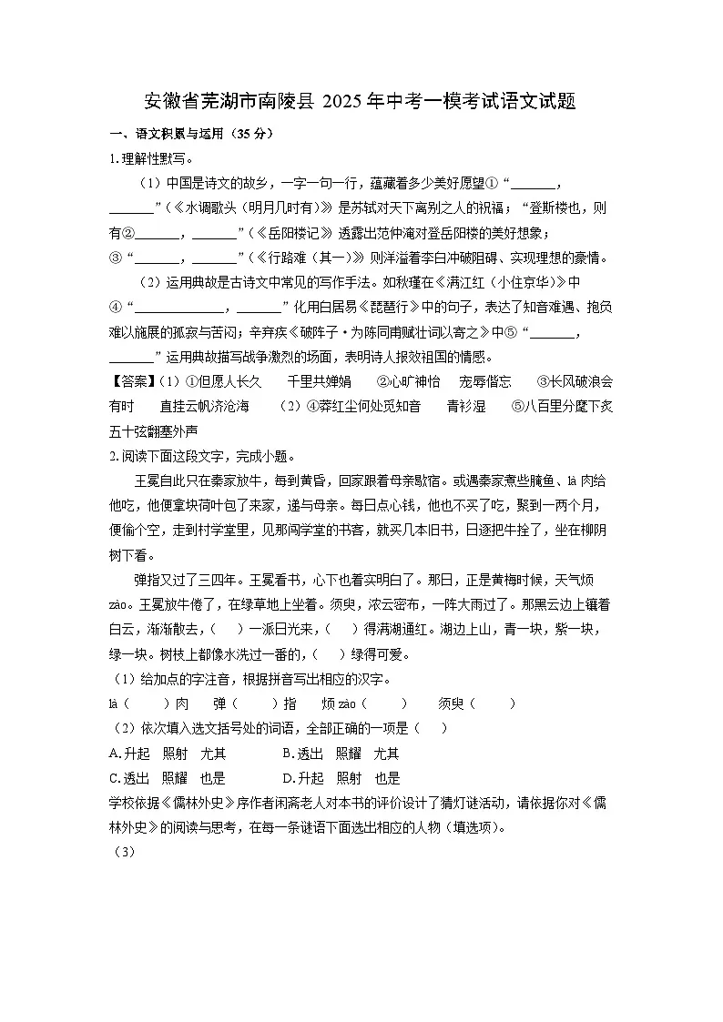 安徽省芜湖市南陵县2025年中考一模考试语文试题(解析版)第1页