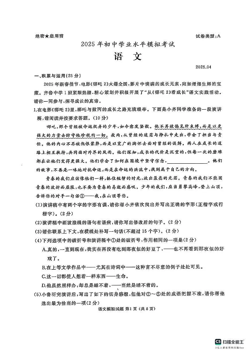 2025年山东省枣庄市滕州市中考二模语文试题(中考模拟)第1页