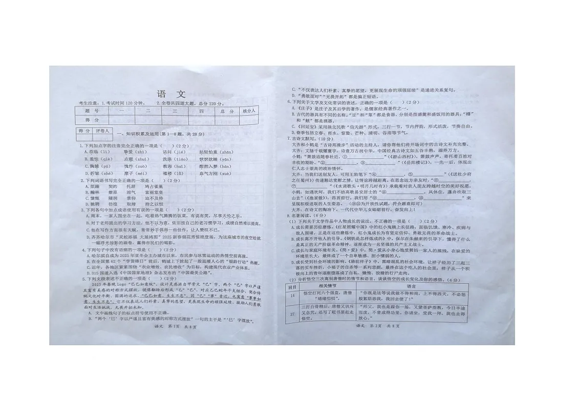 2025年黑龙江省齐齐哈尔地区校联考中考一模语文试题(中考模拟)第1页