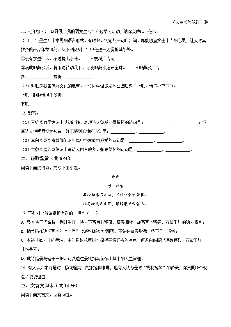 甘肃省武威市凉州区西营镇联考2024-2025学年七年级下学期4月月考语文试题(原卷版+解析版)第3页
