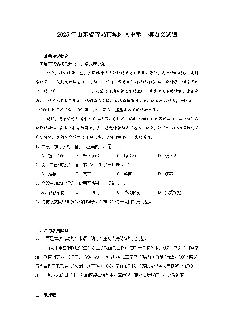 2025年山东省青岛市城阳区中考一模语文试题(含答案)第1页