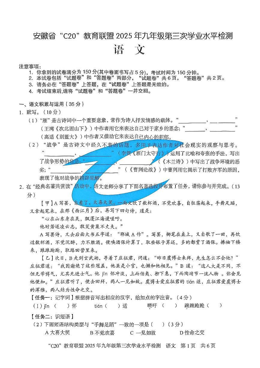 2025年安徽省C20教育联盟中考三模语文试题(中考模拟)(001)第1页