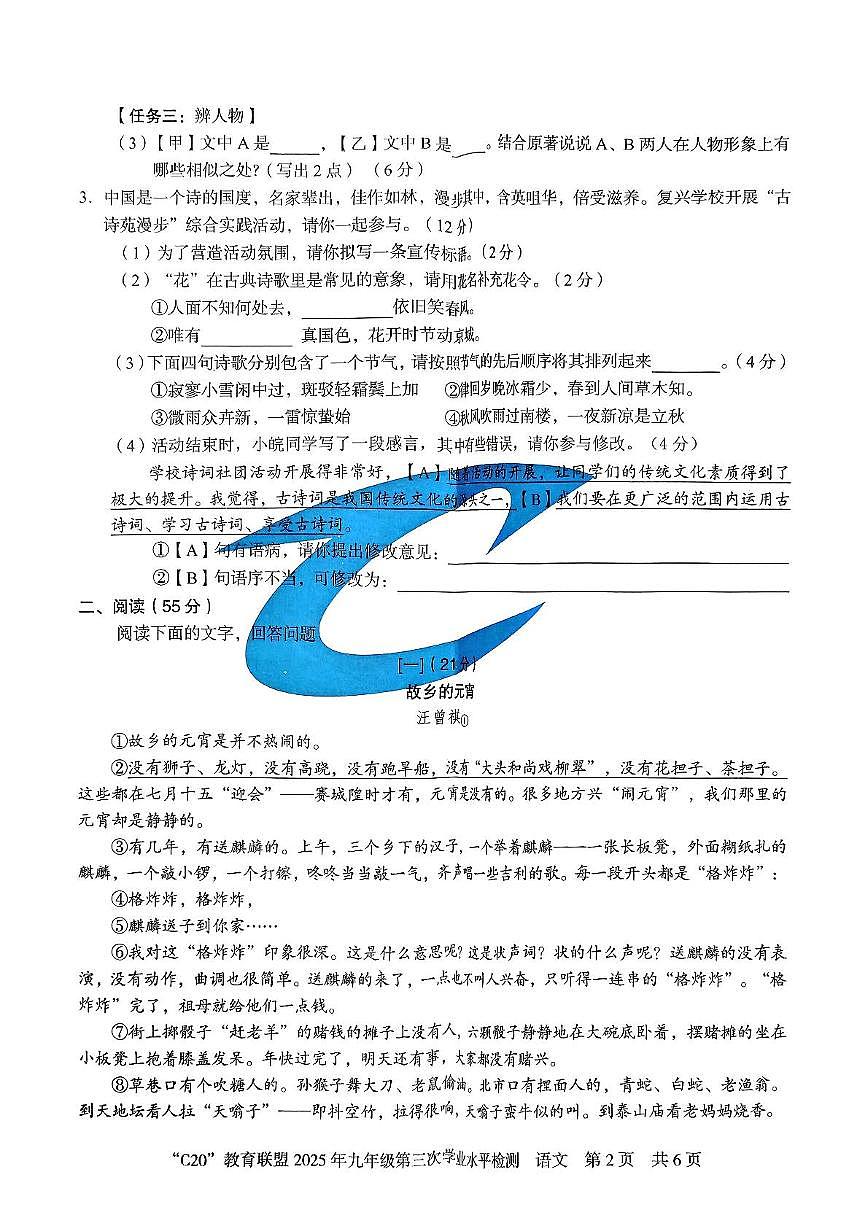 2025年安徽省C20教育联盟中考三模语文试题(中考模拟)(001)第2页