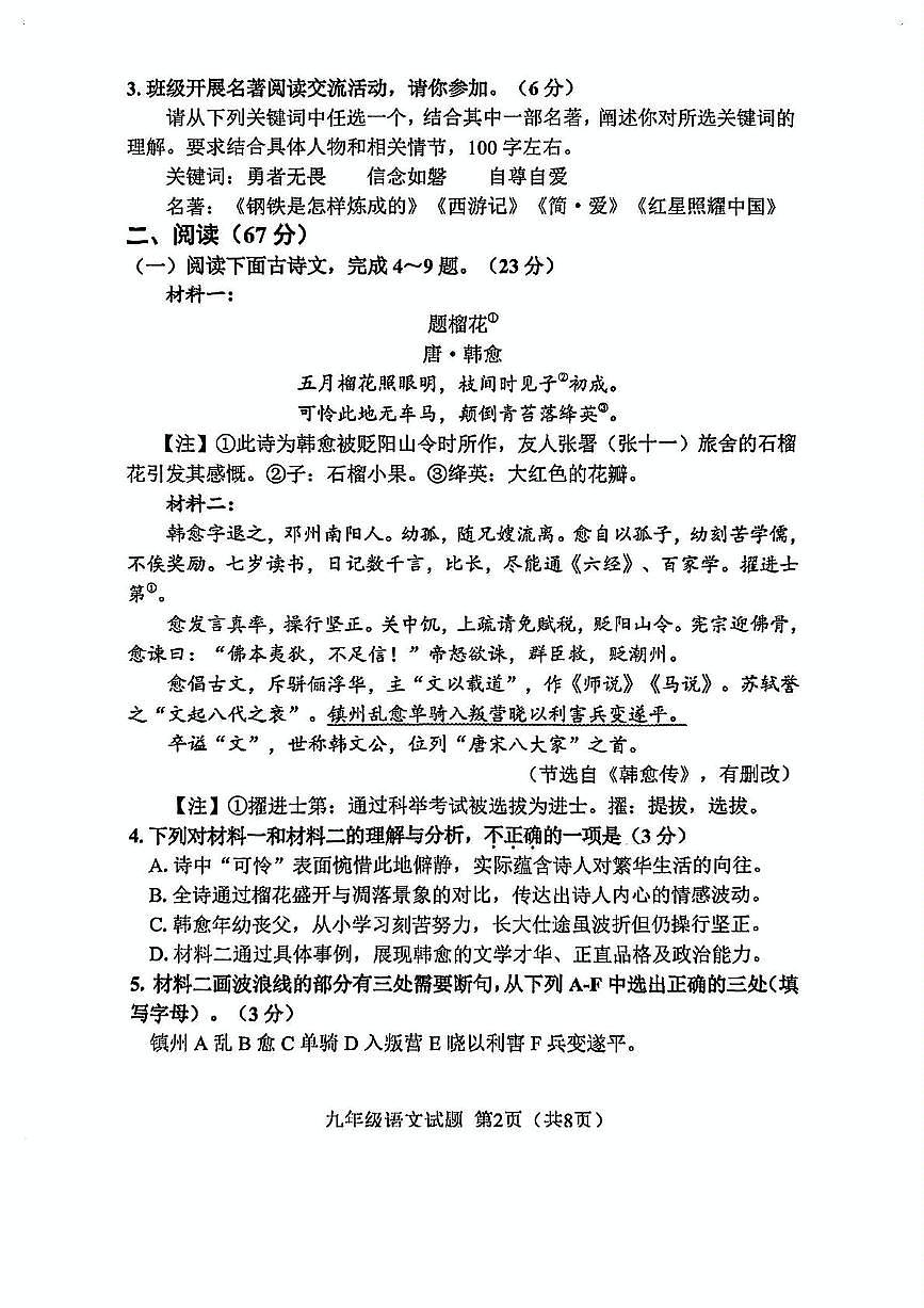 2025年福建省南平市初中毕业班适应性检测语文试卷(中考模拟)第2页