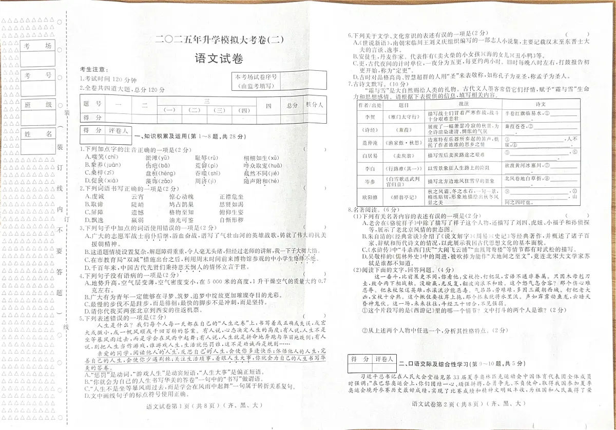 2025年黑龙江省齐齐哈尔市龙江县中考二模语文试卷(中考模拟)第1页