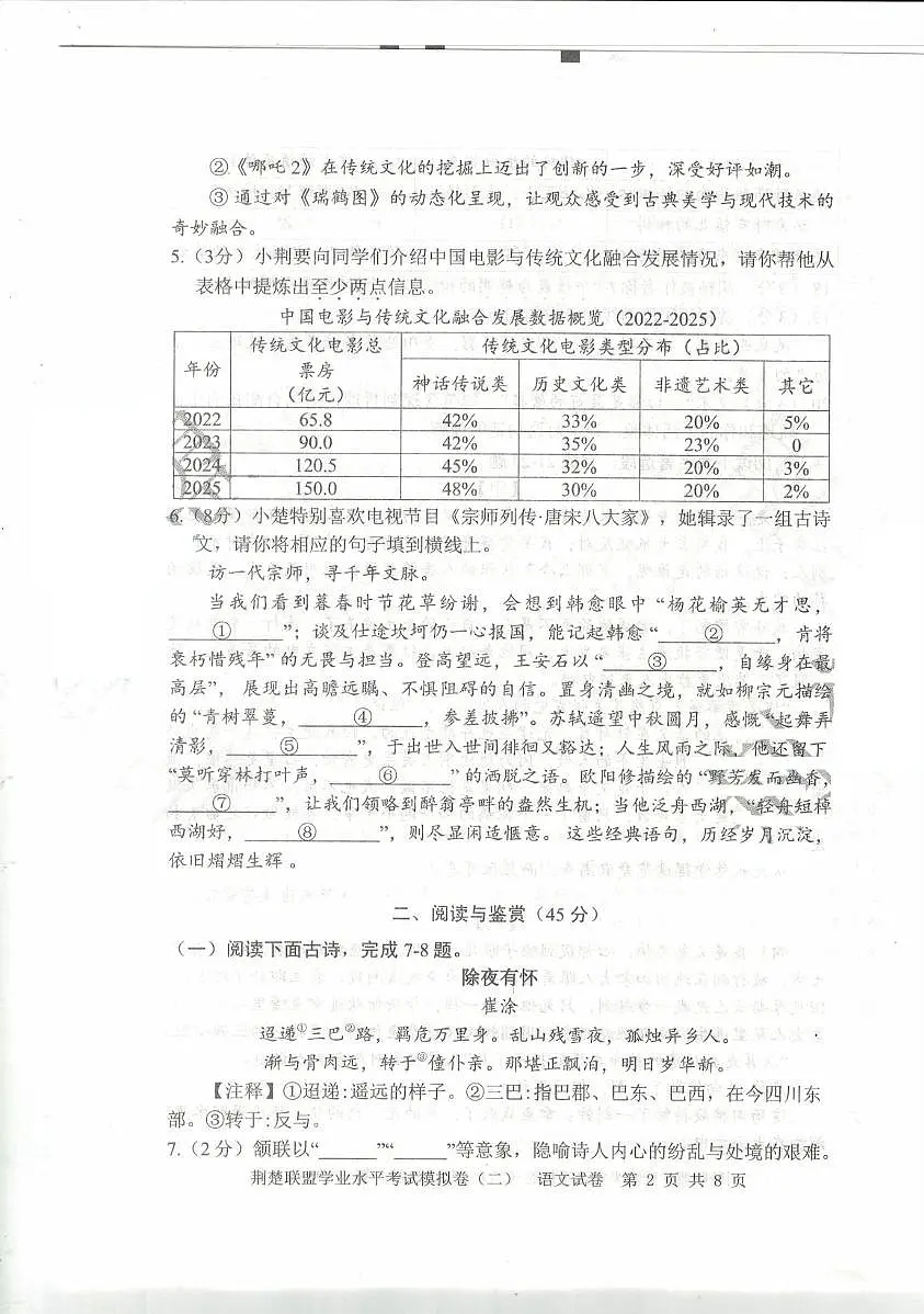 2025年湖北省荆楚联盟初中学业水平考试语文模拟试卷(二)(中考模拟)第2页