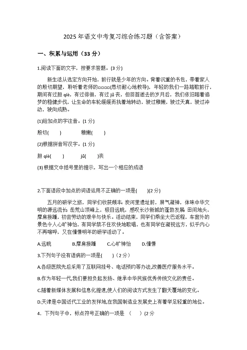 2025年语文中考复习综合练习题(含答案)第1页