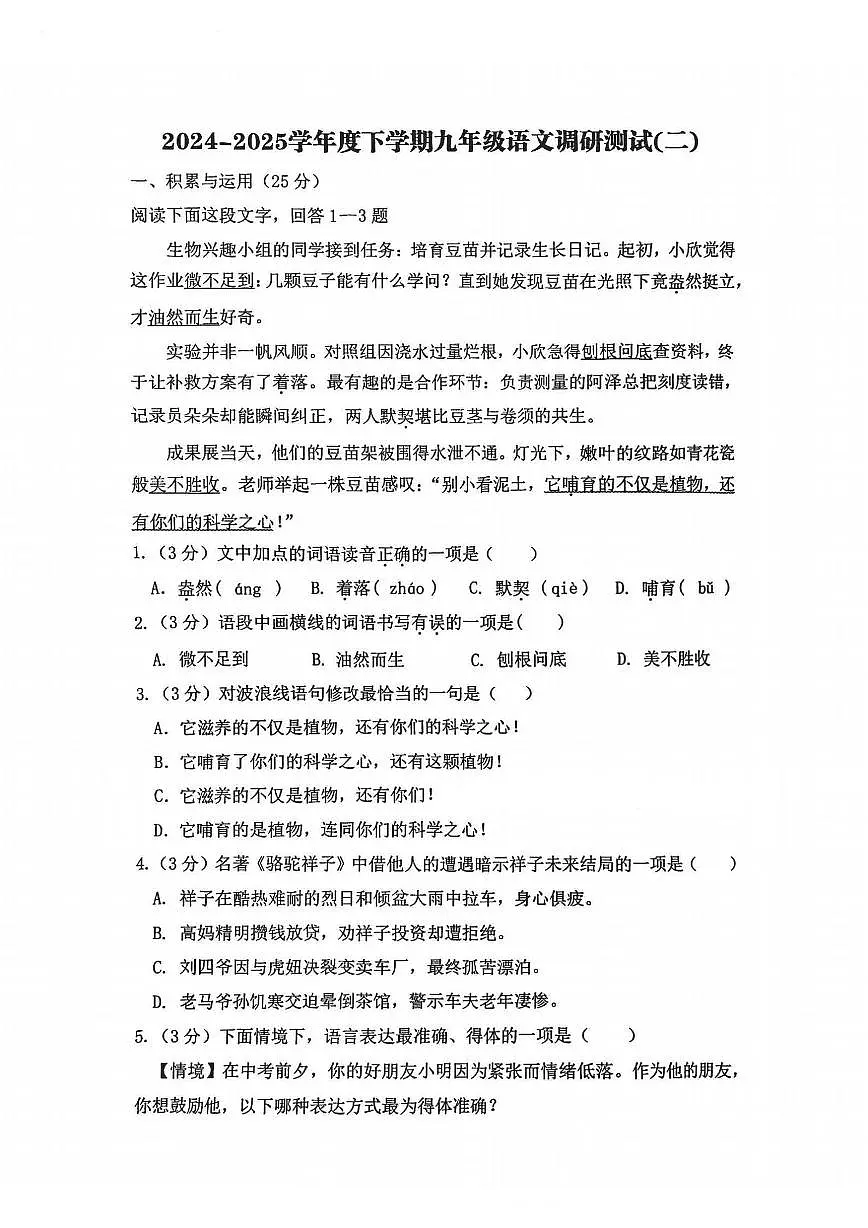 2025年哈尔滨市道里区中考二模语文试卷和参考答案第1页