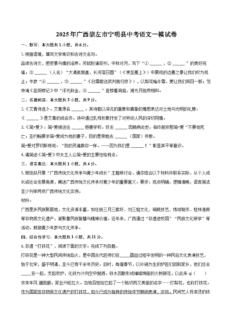 2025年广西崇左市宁明县中考语文一模试卷(含详细答案解析)第1页