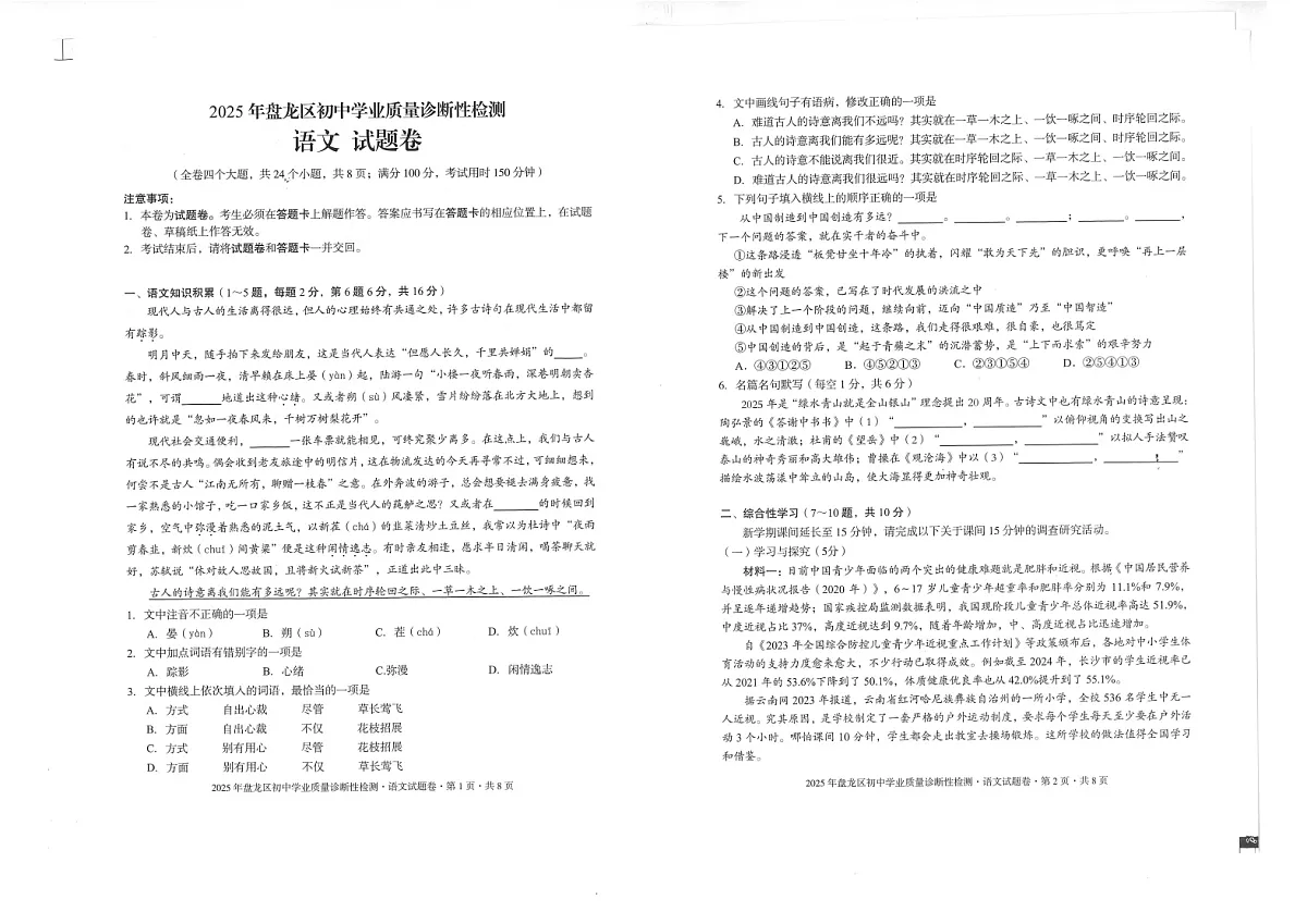 2025届昆明市盘龙区初中学业质量诊断性检测 语文试卷(含答案)第1页