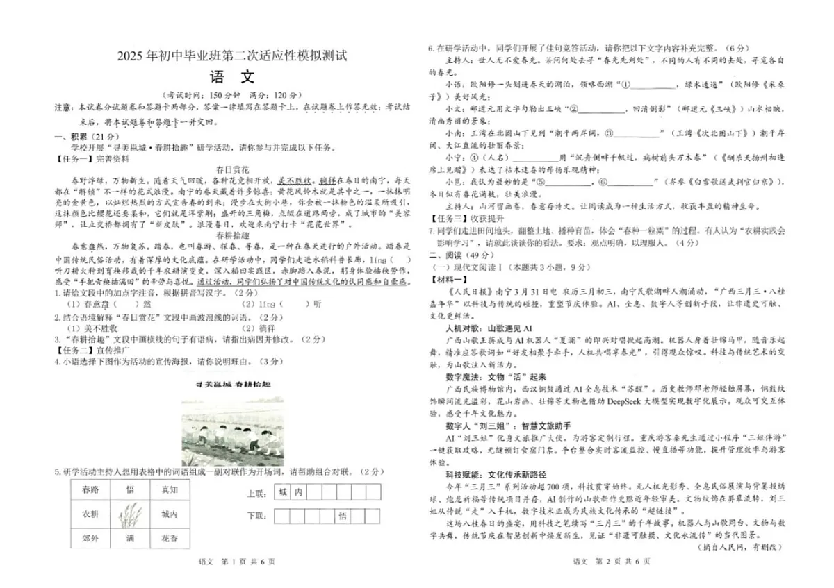 2025年广西壮族自治区钦州市浦北县中考三模语文试题(中考模拟)第1页