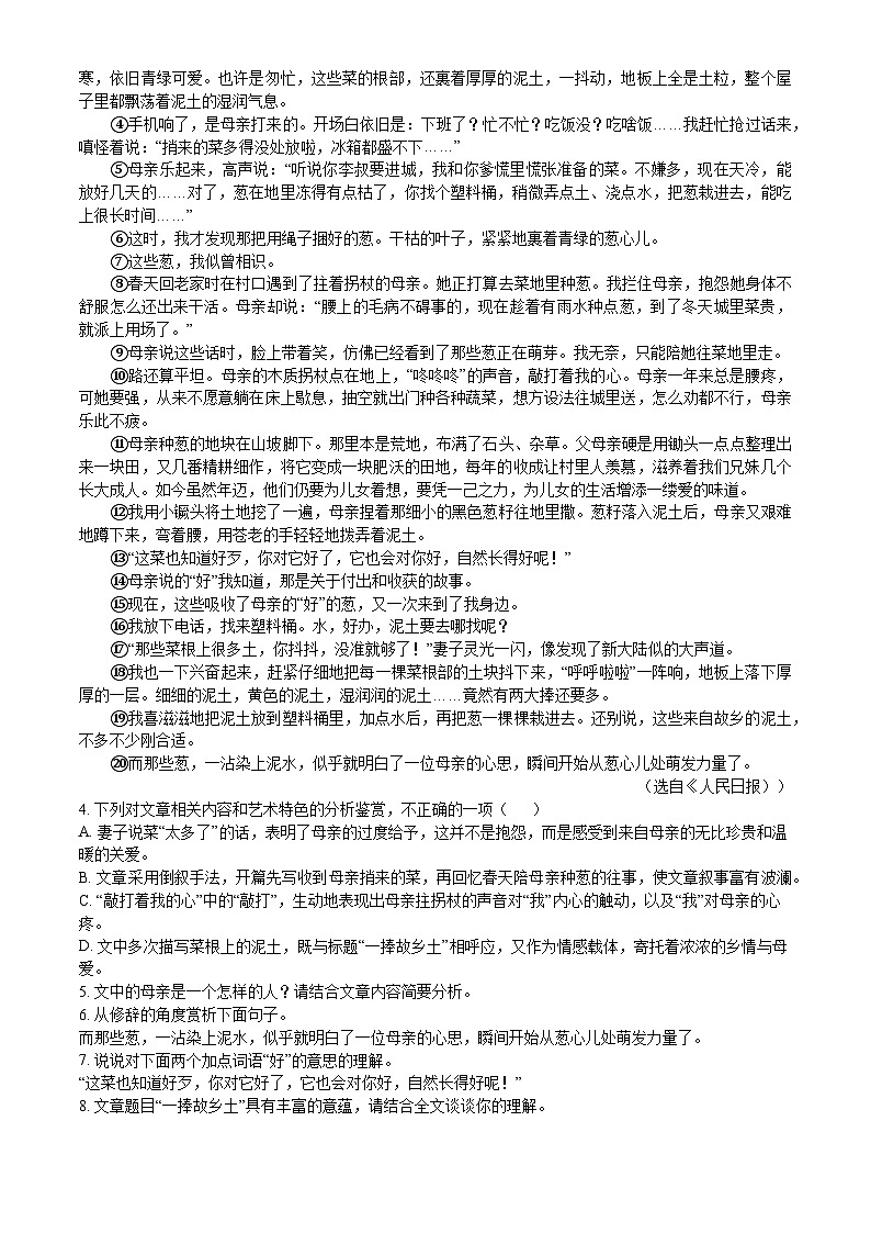 安徽省黄山市2025年初中毕业学业第三次模拟考试语文试题(含答案)第3页