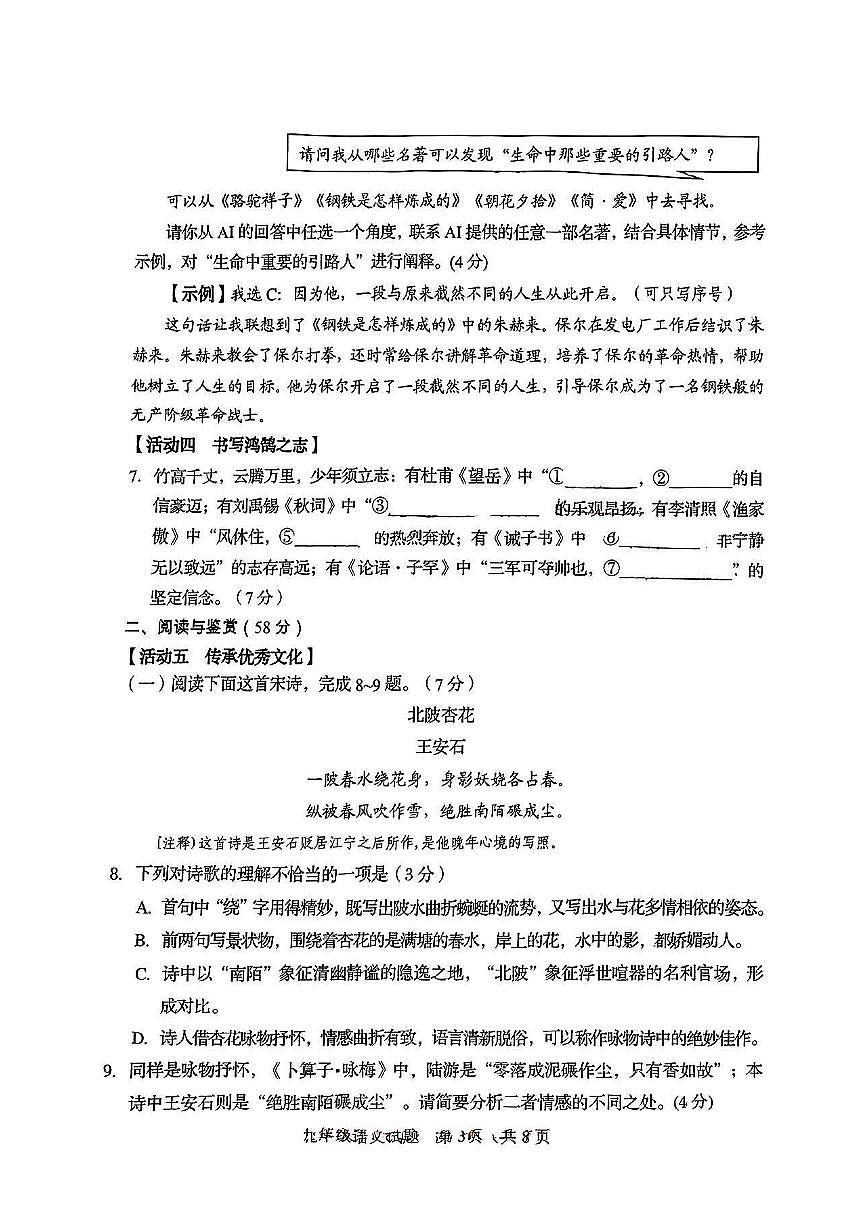 2025年山东省淄博市桓台县九下一模语文试题+答案第3页