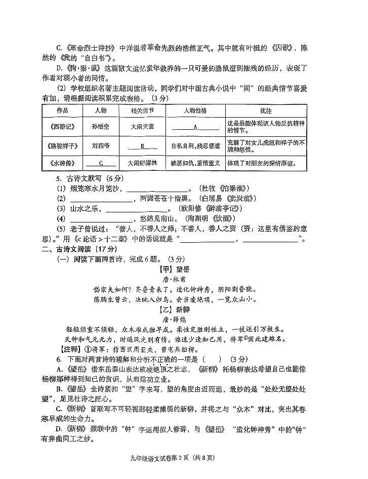 辽宁省沈阳市于洪区2024-2025学年下学期第二次模拟测试九年级语文试卷(无答案)第2页