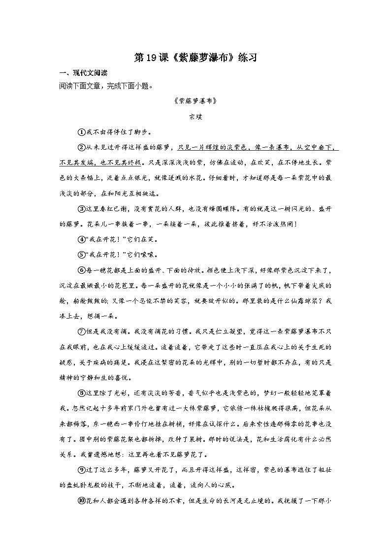 第19课《紫藤萝瀑布》练习2024—2025学年统编版(2024)语文七年级下册第1页