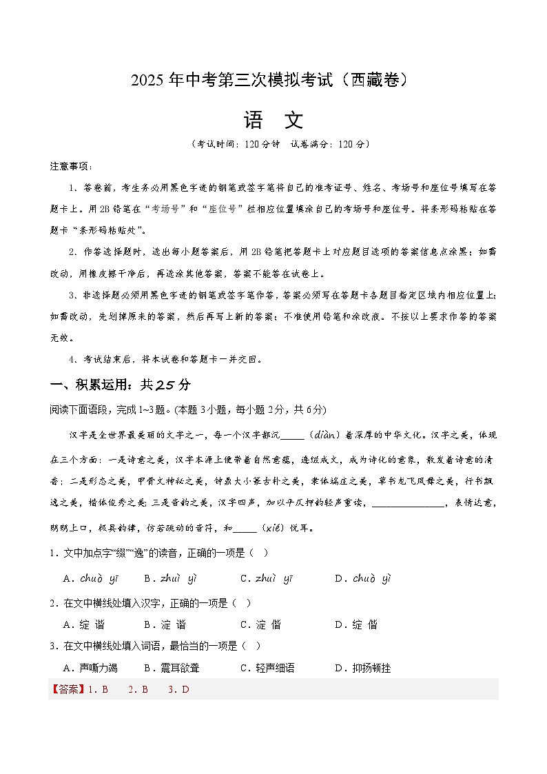 語文(西藏卷)(全解全析)第1頁