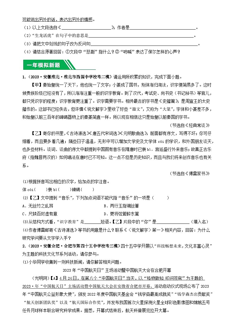 专题02 知识积累、名著阅读-5年(2019-2023)中考1年模拟语文真题分项汇编(安徽专用) (原卷版)-A4第3页