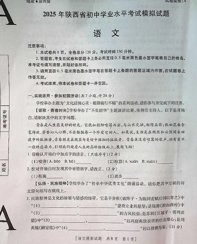 2025年陕西省初中语文学业水平考试模拟试题第1页