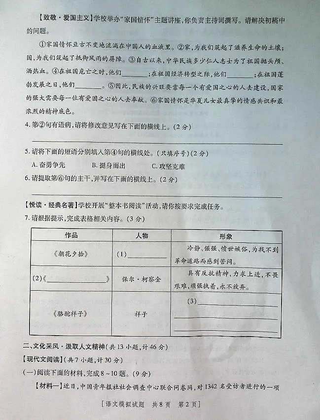 2025年陕西省初中语文学业水平考试模拟试题第2页