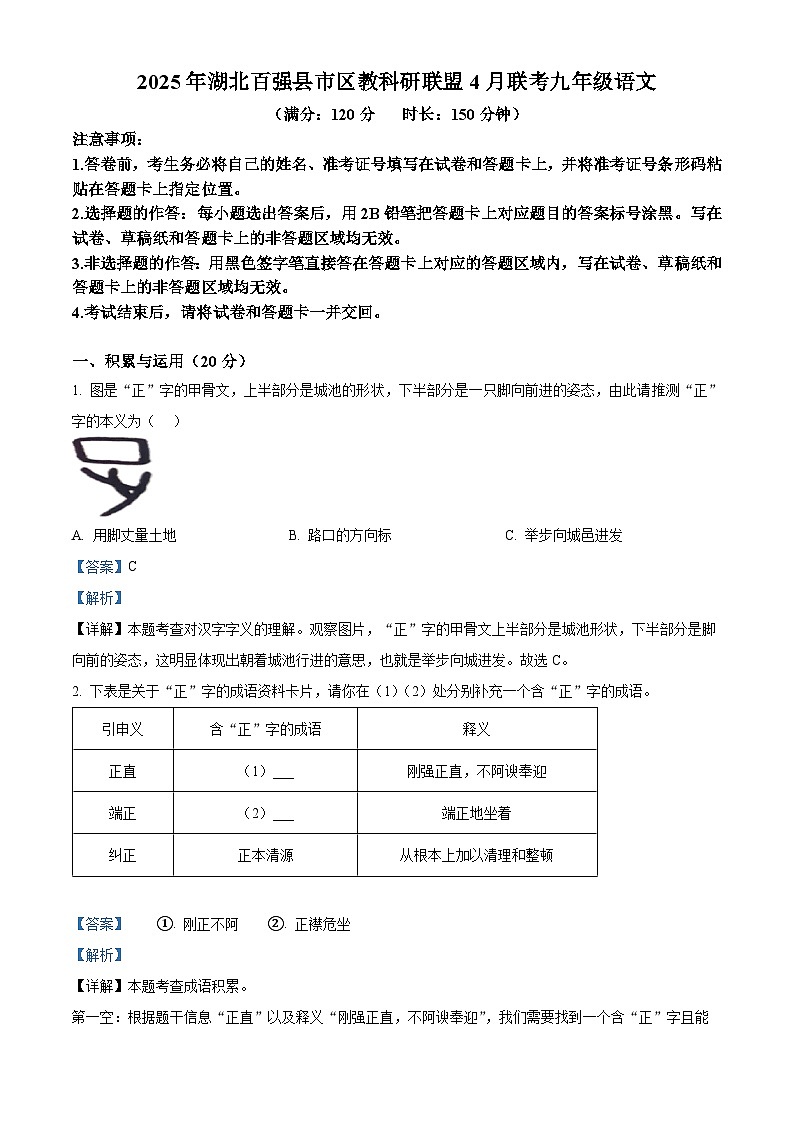 2025年湖北百强县市联考中考模拟语文试题(解析版)第1页