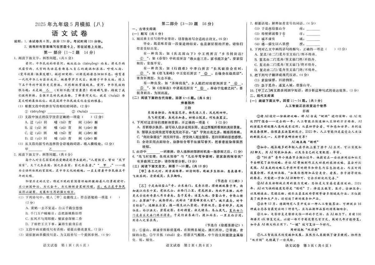 2025年九年级5月模拟(八)--语文 2025年九年级5月模拟(八)--语文第1页