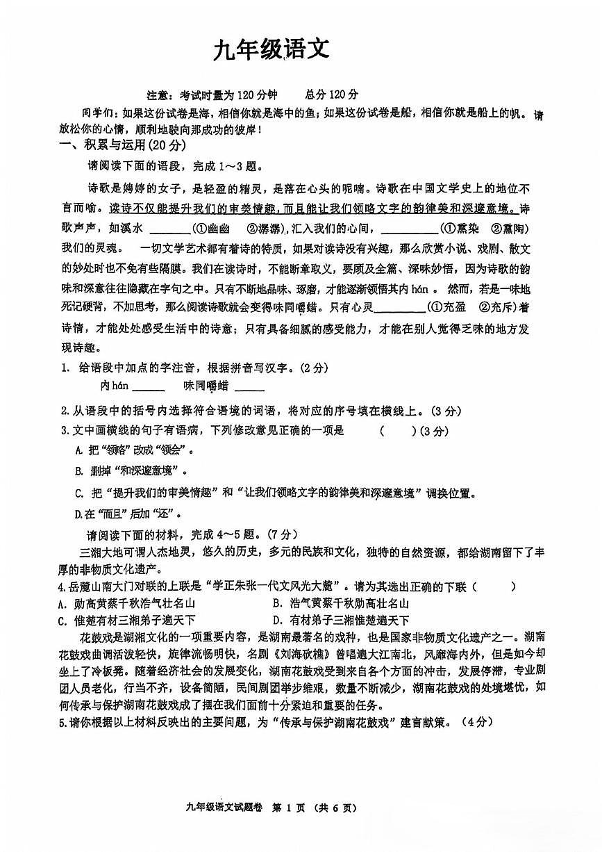 2025年湖南省衡阳市八中教育集团中考二模语文试题(中考模拟)第1页