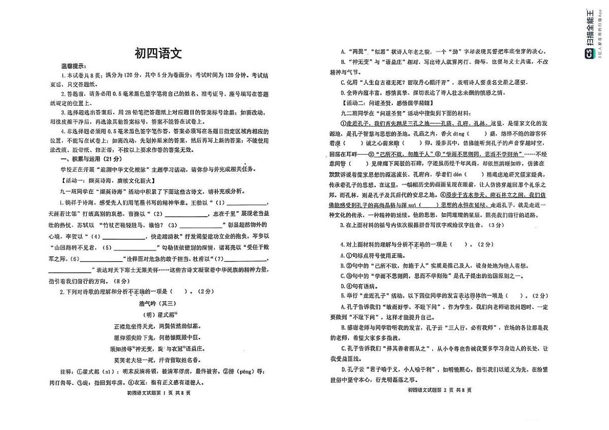 2025年山东省威海乳山市中考二模语文试题(中考模拟)第1页