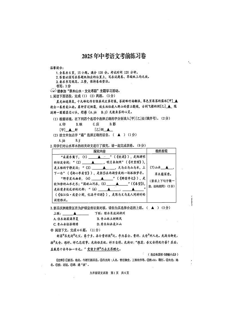 2025年浙江省紹興市新昌縣中考二模語文試題（中考模擬）第1頁