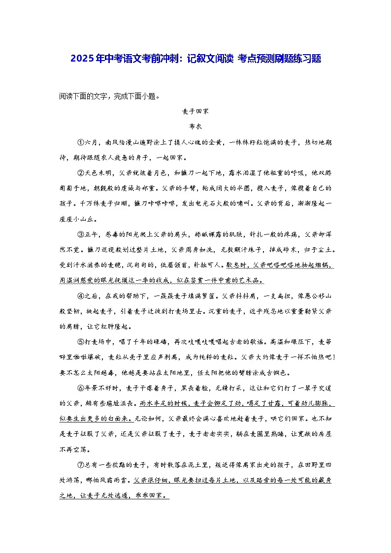 2025年中考语文考前冲刺:记叙文阅读 考点预测刷题练习题(含答案解析)第1页