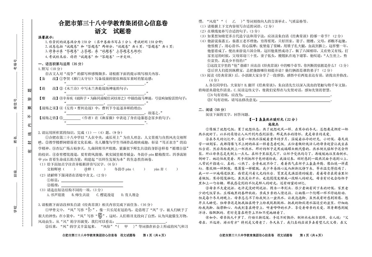 2025年安徽省合肥市第三十八中学中考三模语文试卷第1页