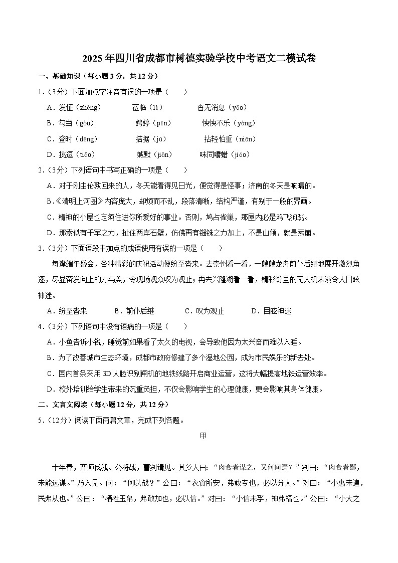 2025年四川省成都市树德实验中学中考二模语文试卷第1页