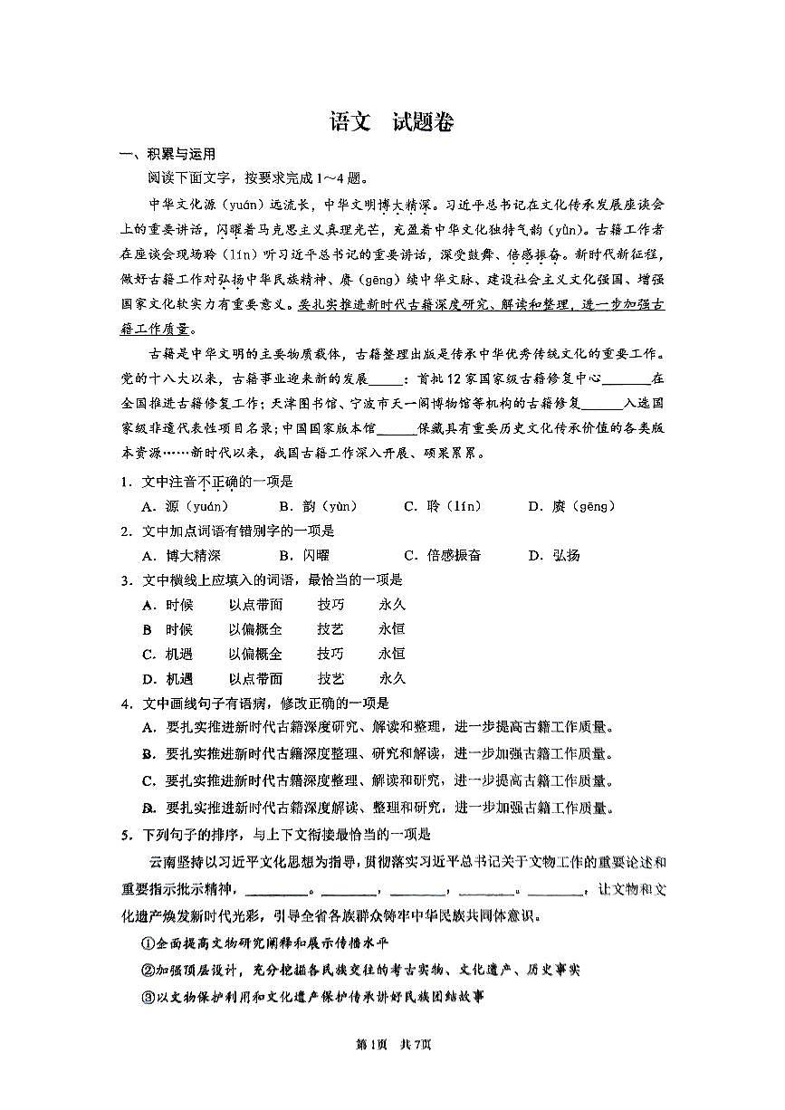 云南省昆明市云师大实验初中2025年6月中考模拟语文试卷(含答案)第1页
