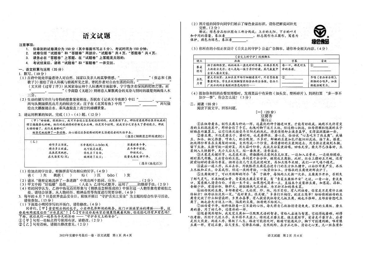 安徽省六安市裕安区2024-2025学年九年级下学期5月月考语文试题第1页