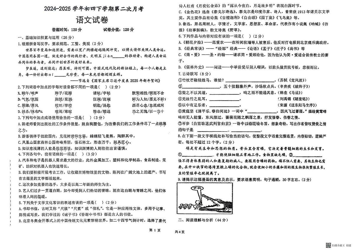 黑龙江省大庆市第一中学2024-2025学年九年级下学期第二次月考语文试题第1页