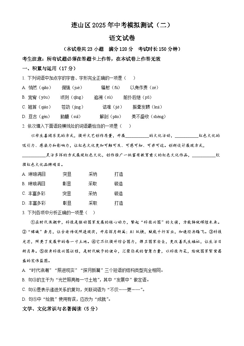 2025年辽宁省葫芦岛市连山区中考二模语文试题(中考模拟)第1页