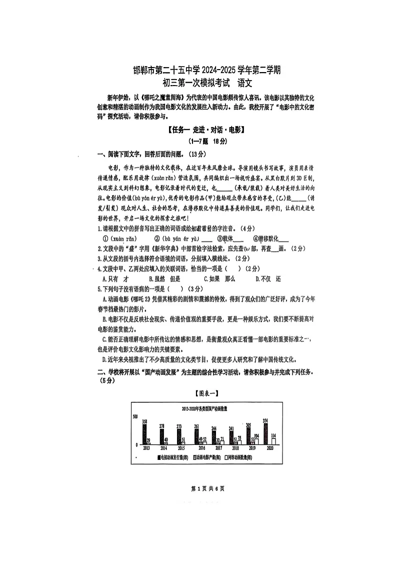 河北省邯郸市第二十五中学2024-2025学年第二学期初三第一次模拟考试语文第1页